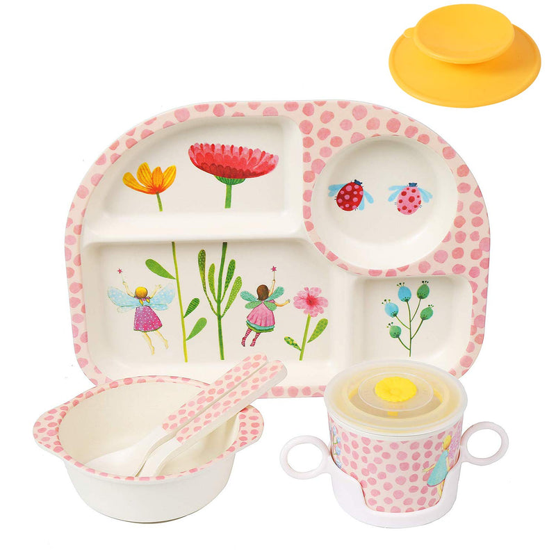 [Australia] - shopwithgreen 7Pcs/Set Bamboo Kids Dinnerware Set - Children Dishes - Food Plate Bowl Cup Spoon Fork Set Dishware, Cartoon Tableware, Dishwasher Safe Kids Healthy Mealtime, BPA Free Flower 