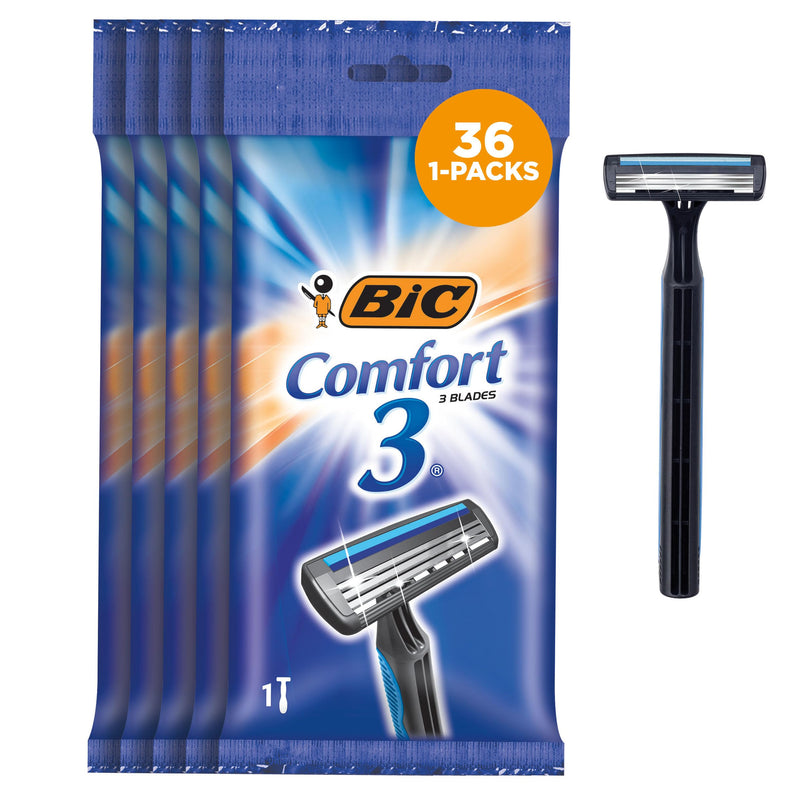 BIC Comfort 3 Disposable Razors, Long-Lasting 3-Blade Shaving, 1-Count | Single Razor Designed for a Smooth Shave | Textured Anti-Slip Grip for Comfort | Lubricating Strip with Vitamin E 1 Count (Pack of 36)