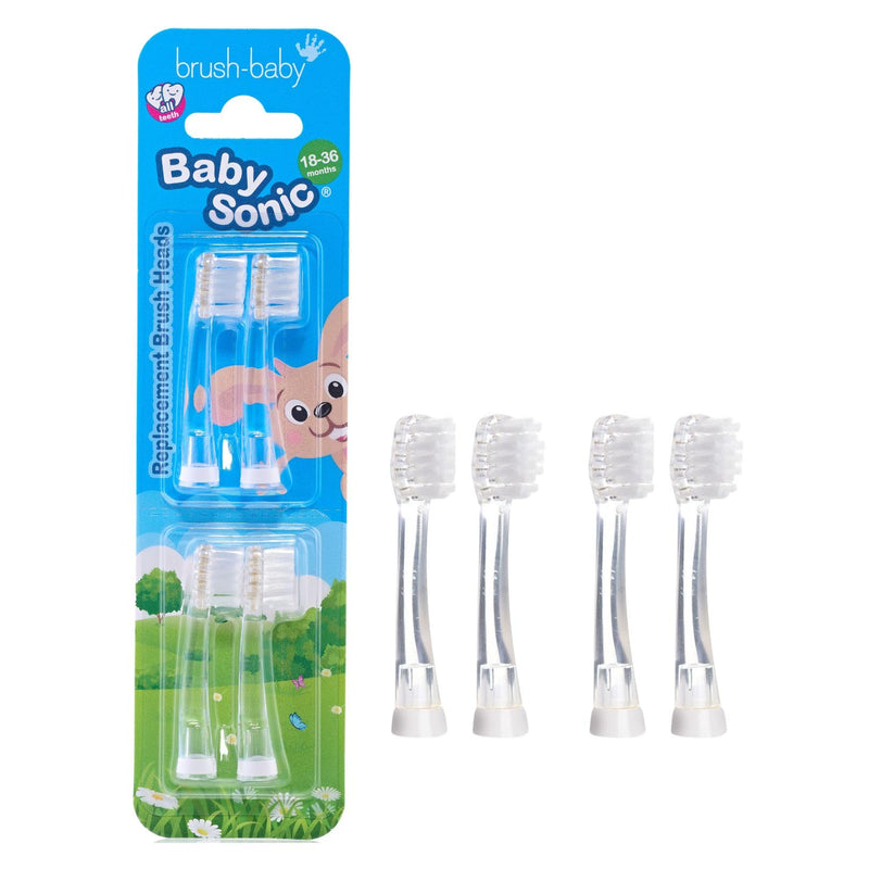 [Australia] - Brush-Baby - Replacement Heads for BabySonic Electric Toothbrush, 18-36 Months - Soft, Gentle Brush Heads for Baby Teeth & Gums - Toddler Toothbrush Head, BPA-Free, Toddler Oral Care - 4 Pack 18-36 Month (Pack of 4) 