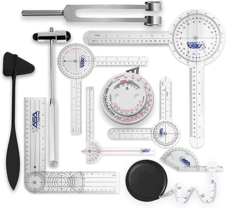 [Australia] - ASA TECHMED Goniometer Physical Therapy Complete Set W/Bonus Reflex Hammer Including 12,8,6 Inches Goni's Plus Two Bonus Measuring Tapes. Occupational Therapy Too 