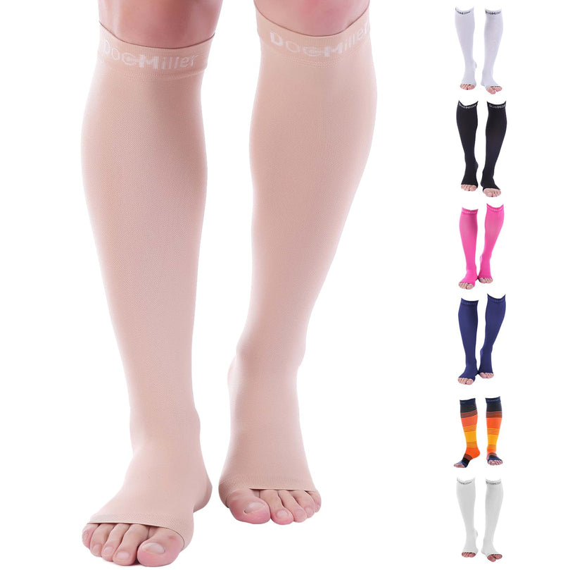 [Australia] - Doc Miller Open Toe Compression Socks, 8-15 mmHg, Toeless, Support Circulation, Shin Splints, Calf Recovery, Varicose Veins, Knee High, Medical Grade for Men & Women, Pair Large Skin 