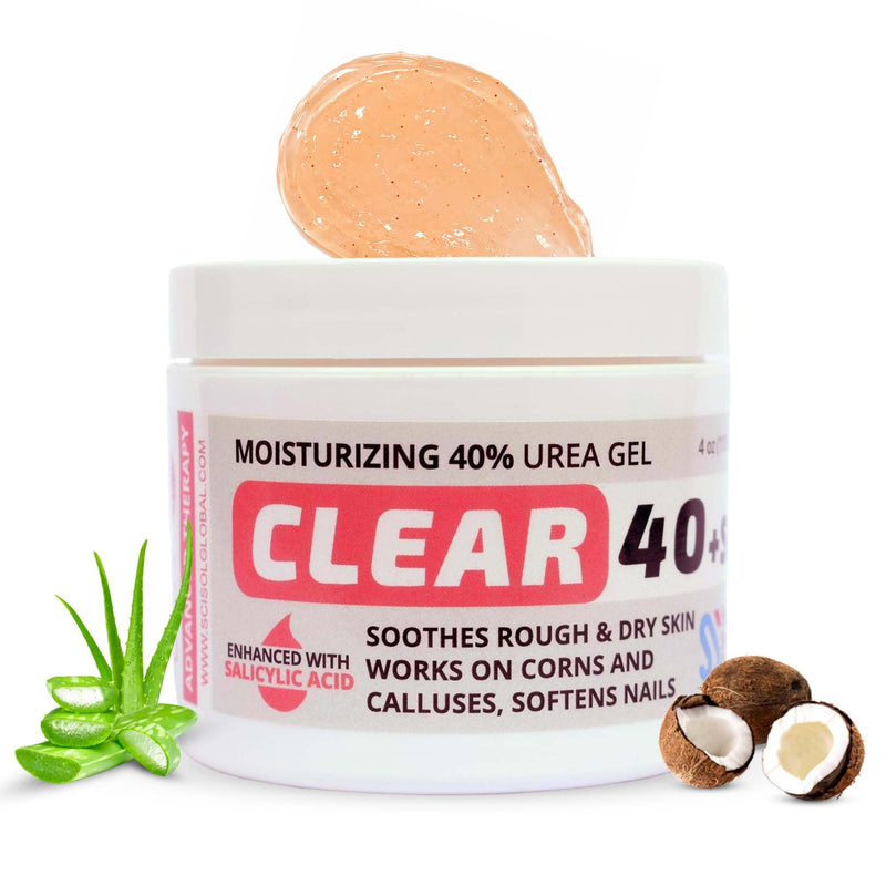 CLEAR Urea Gel 40 Percent Plus 2% Salicylic Acid (4oz) Made in USA | Urea Foot & Hand Cream Softens Cracked Heels & Dry Skin with Tea Tree & Coconut Oil - Callus & Corn Treatment Red 4 Fl Oz (Pack of 1)