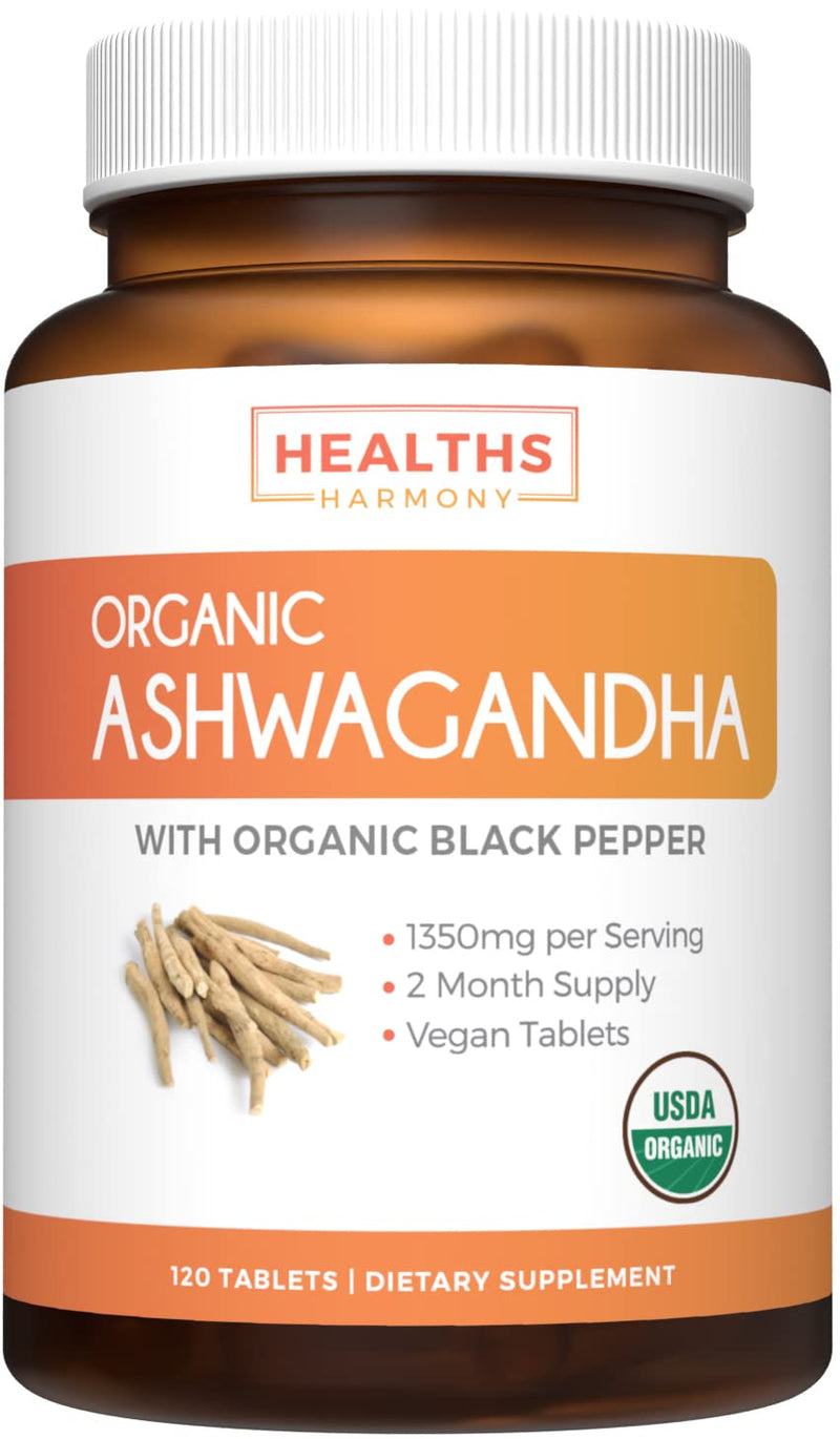 [Australia] - USDA Organic Ashwagandha (120 Vegetarian Tablets) 1350mg Ashwaganda Root Powder Per Serve with Black Pepper - Natural Adrenal Support, Cortisol & Thyroid Support, Immune Support (No Pills or Capsules) 120 Count (Pack of 1) 