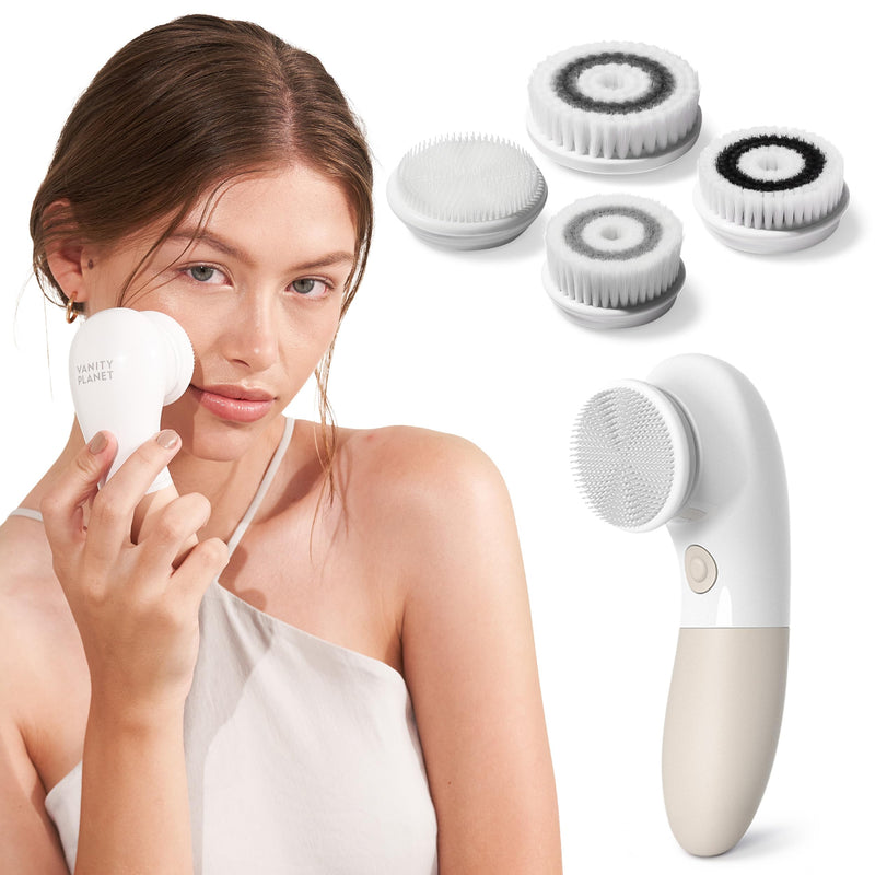 [Australia] - Raedia Handheld Facial Cleansing Brush with 4 Interchangeable Brush Heads by Vanity Planet - Lightweight Daily Cleansing Brush for Glowing Skin - Water Resistant Face Exfoliator - Warm Grey Warm Gray 4 Piece Set 