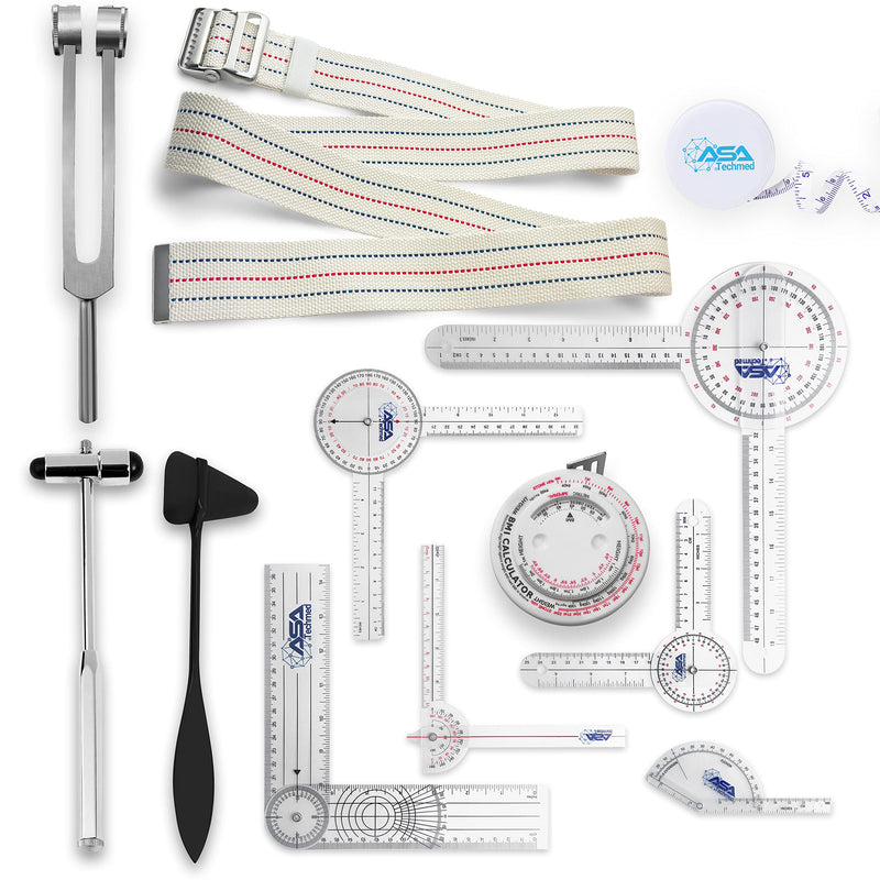 [Australia] - ASA TECHMED Complete Goniometer Set for Occupational Therapy, Physical Therapy - Includes 6, 8, 12 Inches Goniometer Set, Gait Belt, Measuring Tapes, Reflex Hammer 