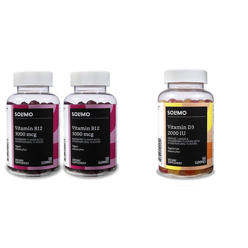 Amazon Basics Vitamin B12 3000 mcg Gummies (2 Packs of 100), 2 per Serving and Amazon Basics Vitamin D3 2000 IU Gummies, Orange, Lemon & Strawberry, 160 Count (2 per Serving) (Previously Solimo)