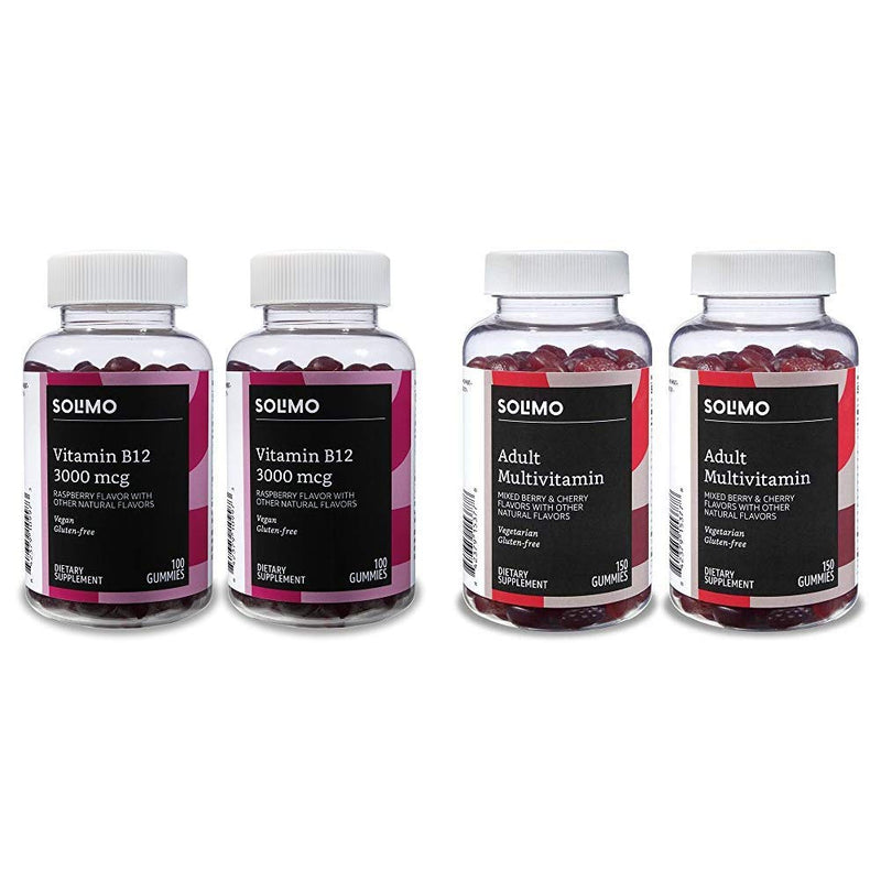 Amazon Brand - Solimo Vitamin B12 3000 mcg, 100 Gummies, 2 Gummies per Serving (Pack of 2) & Solimo Adult Multivitamin, 300 Gummies, 75-Day Supply (Pack of 2)