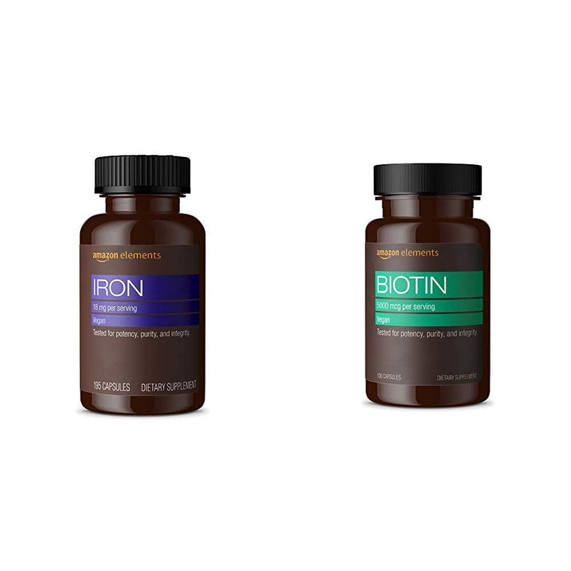 Amazon Elements Iron 18mg Capsules, Supports Red Blood Cell Production, Vegan (195 Count, 6 Month Supply) and Amazon Elements Vegan Biotin 5000 mcg - Hair, Skin, Nails (130 Capsules, 4 Month Supply)