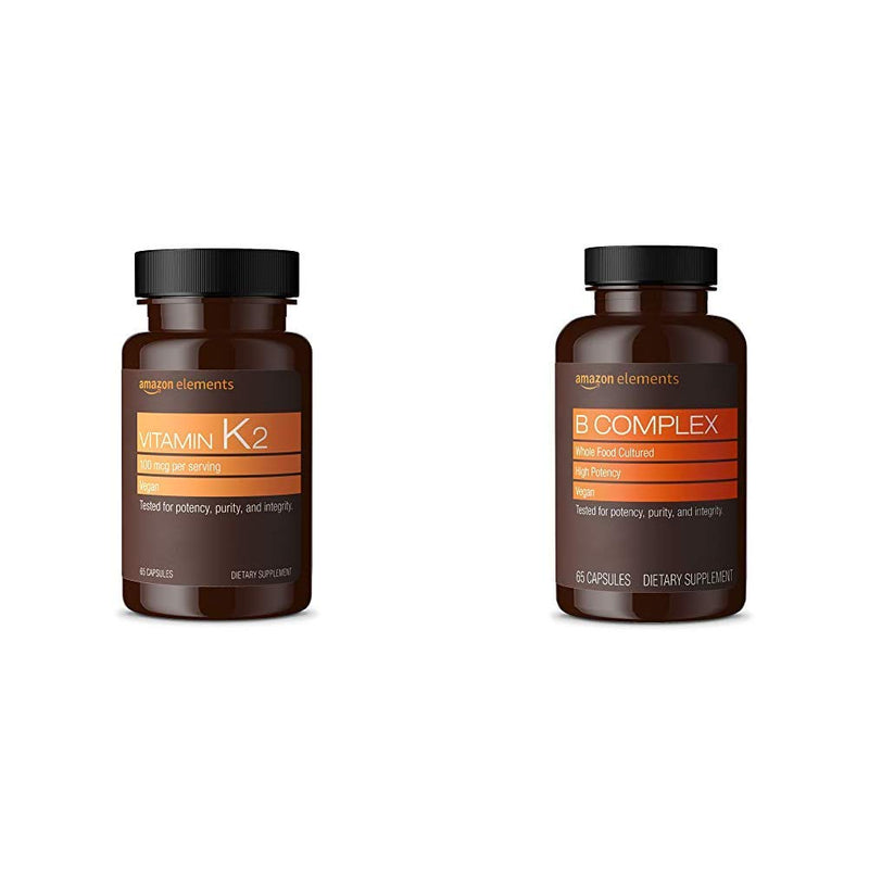 Amazon Elements Vitamin K2 (100 mcg, 65 Capsules, 2 Month Supply) and Amazon Elements B Complex (High Potency, 83% Whole Food Cultured, 65 Capsules, 2 Month Supply)