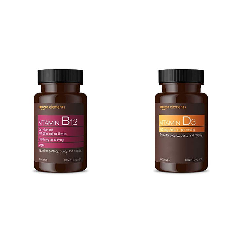 Amazon Elements Vitamin B12 Methylcobalamin 5000mcg, 65 Berry Flavored Lozenges, 2 Month Supply & Vitamin D3, 5000 IU, 180 Softgels, 6 Month Supply
