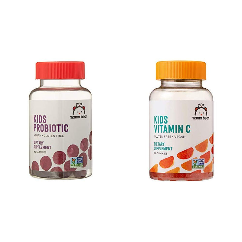 Amazon Brand - Mama Bear Vegan Probiotic, 60 Gummies, 1 Billion CFU per Gummy & Mama Bear Vegan Kids Vitamin C, 60 Gummies, 125 mg Vitamin C per Gummy
