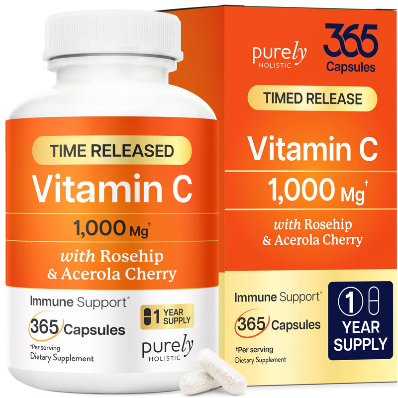 Vitamin C 1000mg, Immune Support, Timed-Release Capsules, 1 Year Supply | Vitamin C Supplement with Acerola Cherry & Rose Hips, Daily Antioxidant & Wellness Support, Vegan, Non-GMO, 365 Capsules