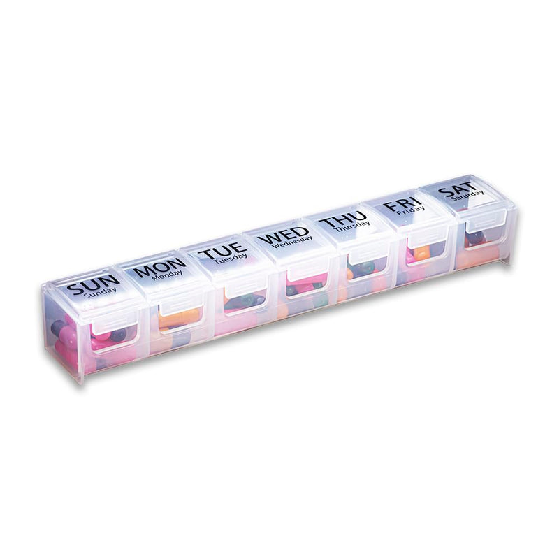 GMS Weekly Pill Organizer - 7-Day Labeled Compartment Pill Case for Supplements, Vitamins and Medication - Secure Latches - Ideal for Daily Use & Travel - Clear 1