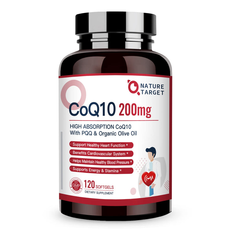 [Australia] - NATURE TARGET CoQ10-200mg-Softgels + PQQ with Organic-Olive-Oil - High Absorption-Coenzyme-Q10 - Antioxidant-for-Heart-Health and Immune Support, Energy Production, 120 Servings 120 Count (Pack of 1) 