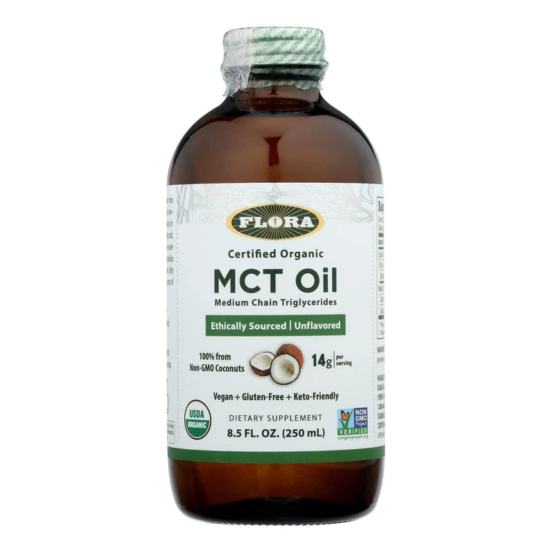 [Australia] - Flora - MCT Oil Certified Organic - Supports Muscle Energy & Brain Health - Contains C8 Caprylic Acid & C10 Capric Acid - Non-GMO, Gluten-Free, Vegan & Keto-Friendly - 8.5 fl. oz. Glass Bottle 
