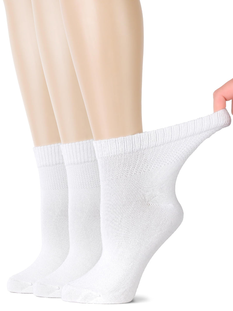 [Australia] - Hugh Ugoli Women's Bamboo Diabetic Ankle Socks, Super Soft Seamless Toe Non Binding, Wide, Loose Fit & Stretchy, 3 Pairs 6-9 01- White (3 Pairs) 