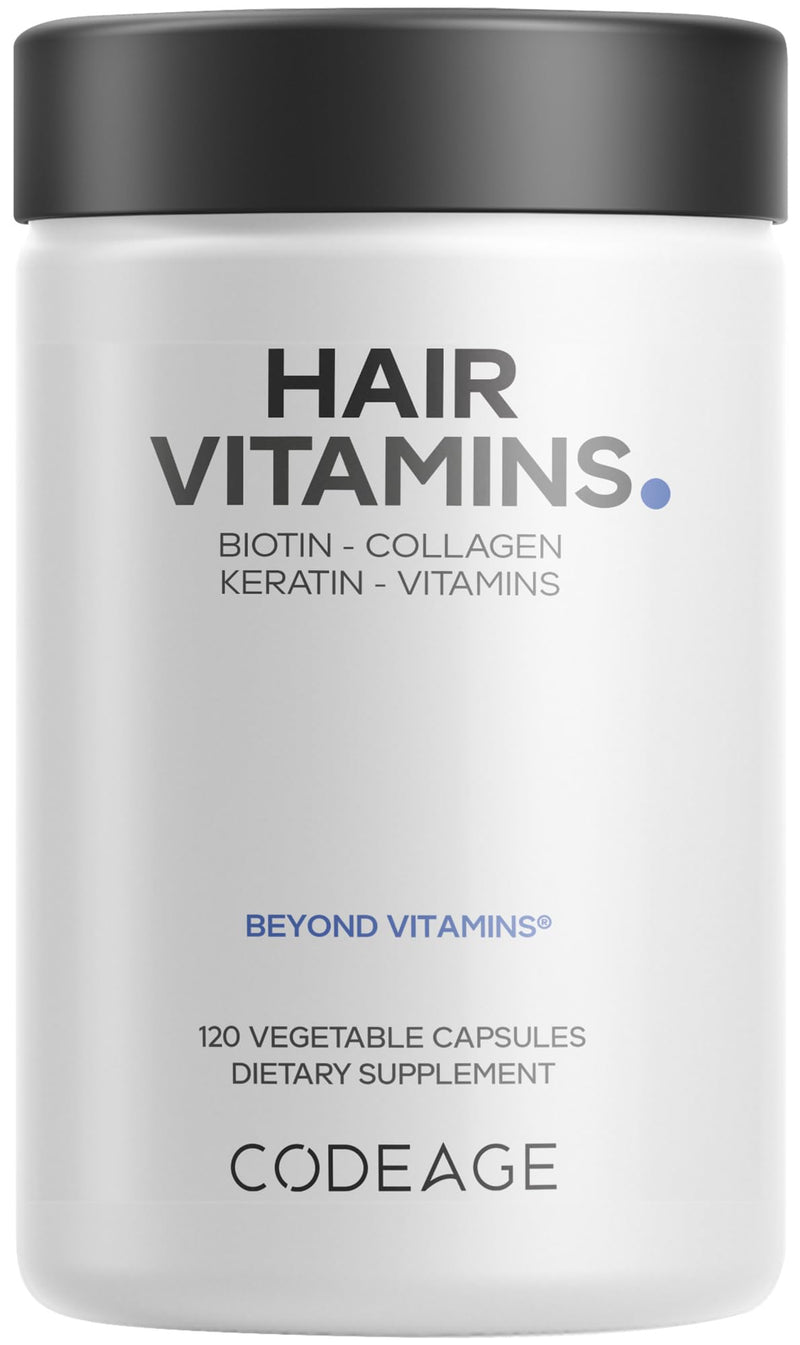 Codeage Hair Vitamins, Biotin 10000 mcg, Keratin, Collagen, 120 Capsules | Hair vitamins with 10,000 mcg biotin, keratin, collagen, vitamins A, B12, C, D3, zinc and probiotics.