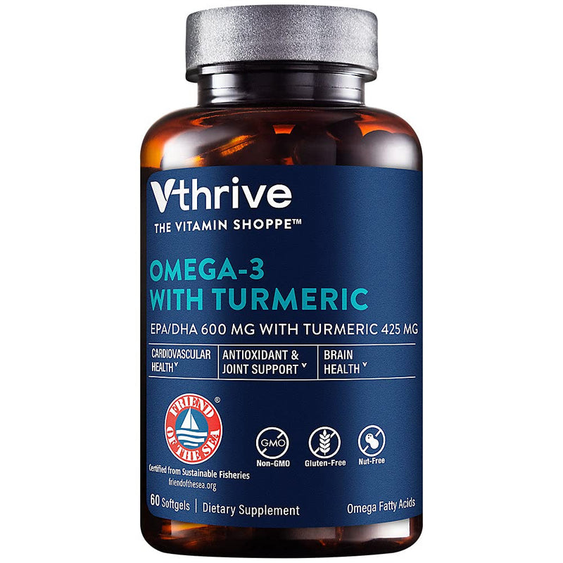 Vthrive Omega-3 with Turmeric, EPA/DHA 600 MG, 60 Softgels | 600 MG EPA & DHA Omega-3s Plus 424 MG Turmeric per Serving to Support Heart, Brain, and Joint Health