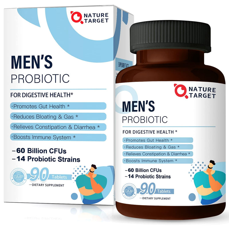 [Australia] - NATURE TARGET Probiotics for Men with Men Care Supplement, Prebiotics & Probiotic for Men's Digestive and Immune Health,60 Billion CFUs & 14 Strains Shelf Stable, Gluten & Soy Free (90 Tablets) 