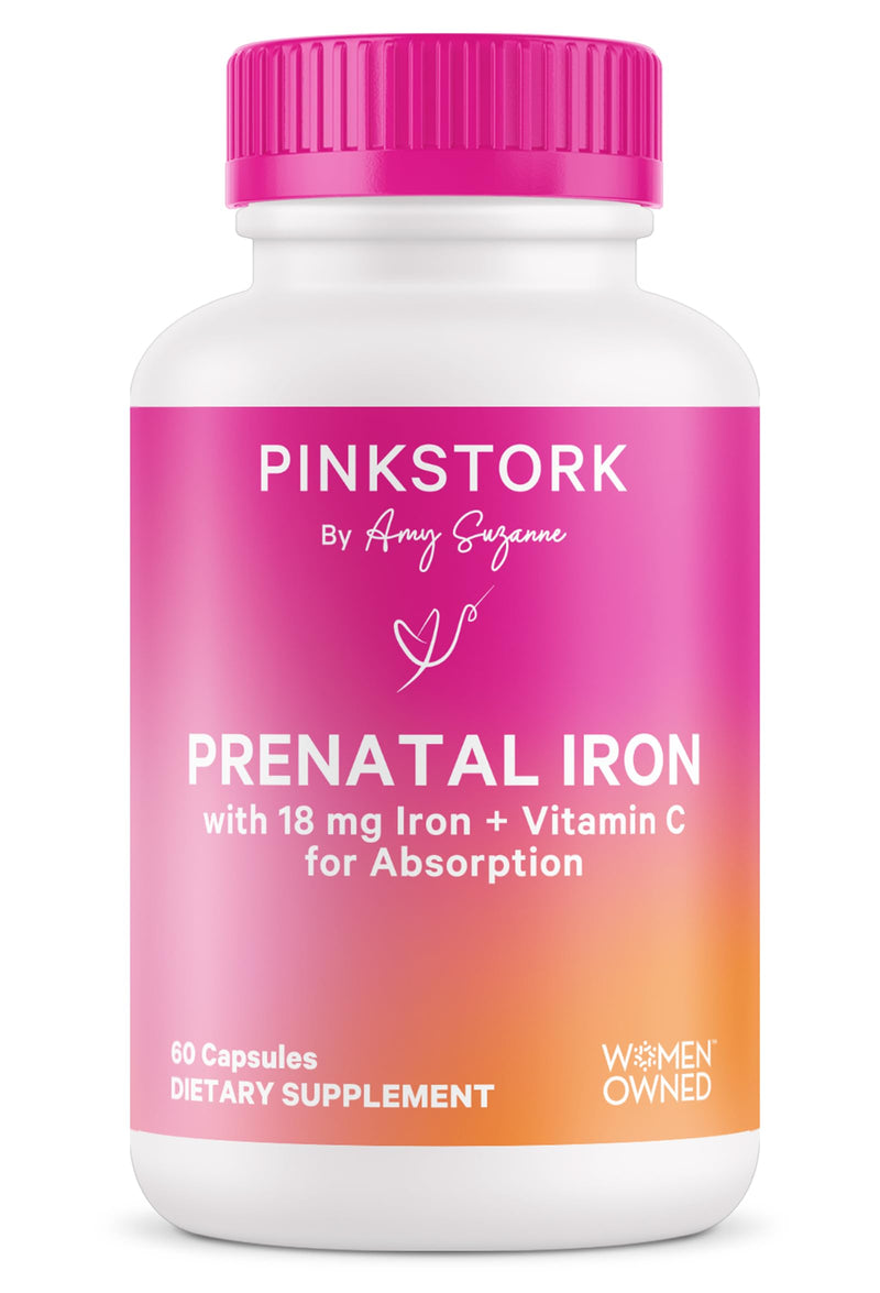 [Australia] - Pink Stork Prenatal Iron Supplement for Women - 18 mg Non-Constipating Iron & Vitamin C for Pregnancy, Postpartum, & Breastfeeding - Focus, Fatigue, & Blood Cell Production - 2 Month Supply 