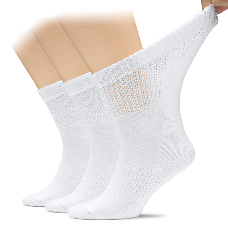 [Australia] - Hugh Ugoli Men's Cotton Diabetic Ankle Socks, Wide, Loose and Stretchy, Seamless Toe & Non Binding Top, Semi Cushion, 3 Pairs 8-11 01- White (3 Pairs) 