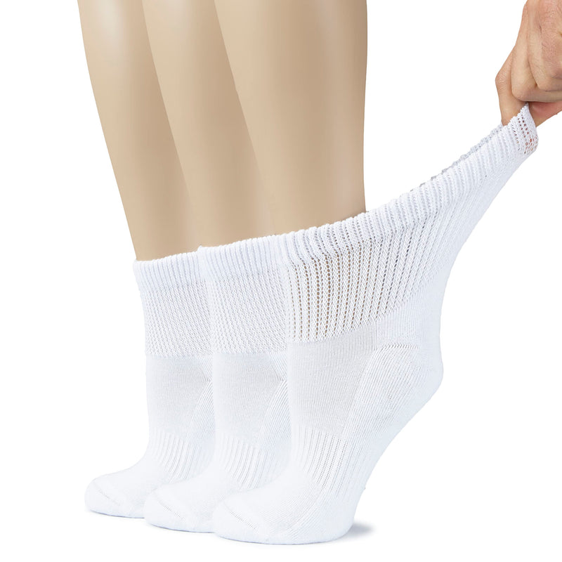 [Australia] - Hugh Ugoli Women's Cotton Diabetic Ankle Socks, Wide, Loose & Stretchy, Seamless Toe & Non Binding Top, Semi Cushion, 3 Pairs 9-12 01- White (3 Pairs) 