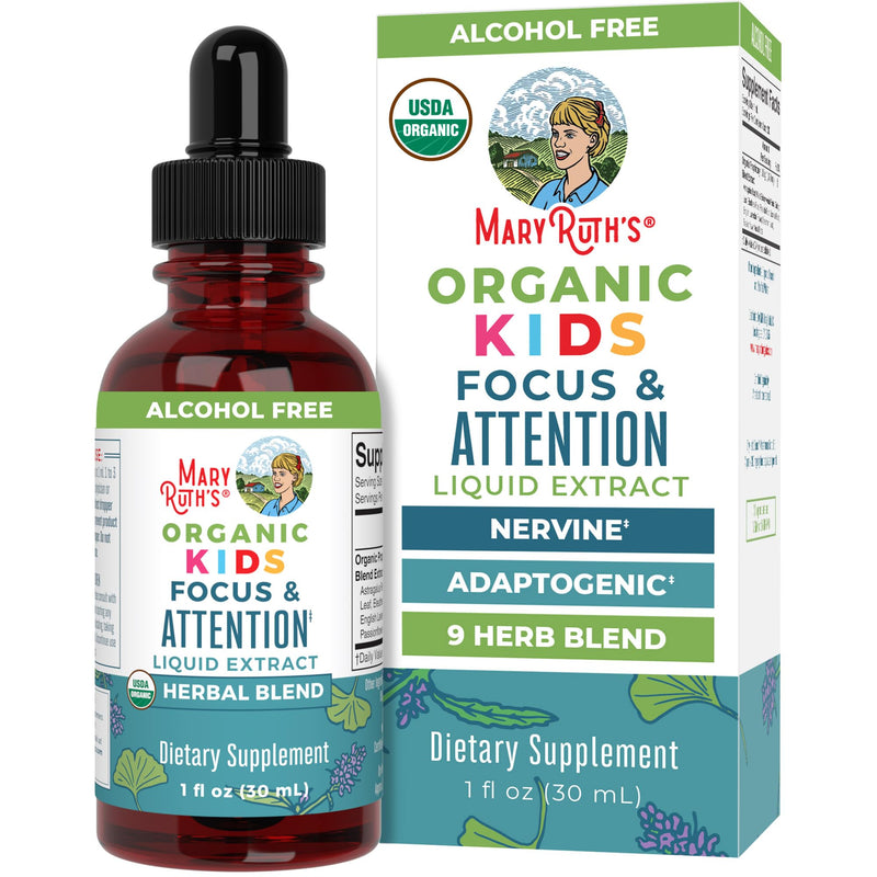 MARYRUTH'S Kids Focus & Attention Drops, USDA Organic Drops, 30 Servings | USDA Organic, Ginkgo Biloba, Rhodiola Root & Licorice Root, Adaptogenic, Vegan