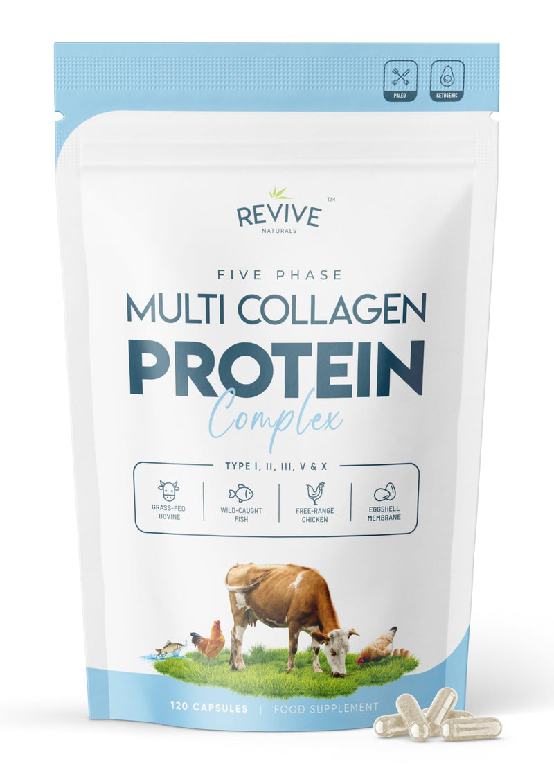 Revive Naturals Multi Collagen Protein Capsules - Types I, II, III, V & X - Hydrolysed Grass Fed Bovine, Wild Caught Marine & Free-Range Chicken, Made with Hyaluronic Acid & Vitamin C, 120 Caps