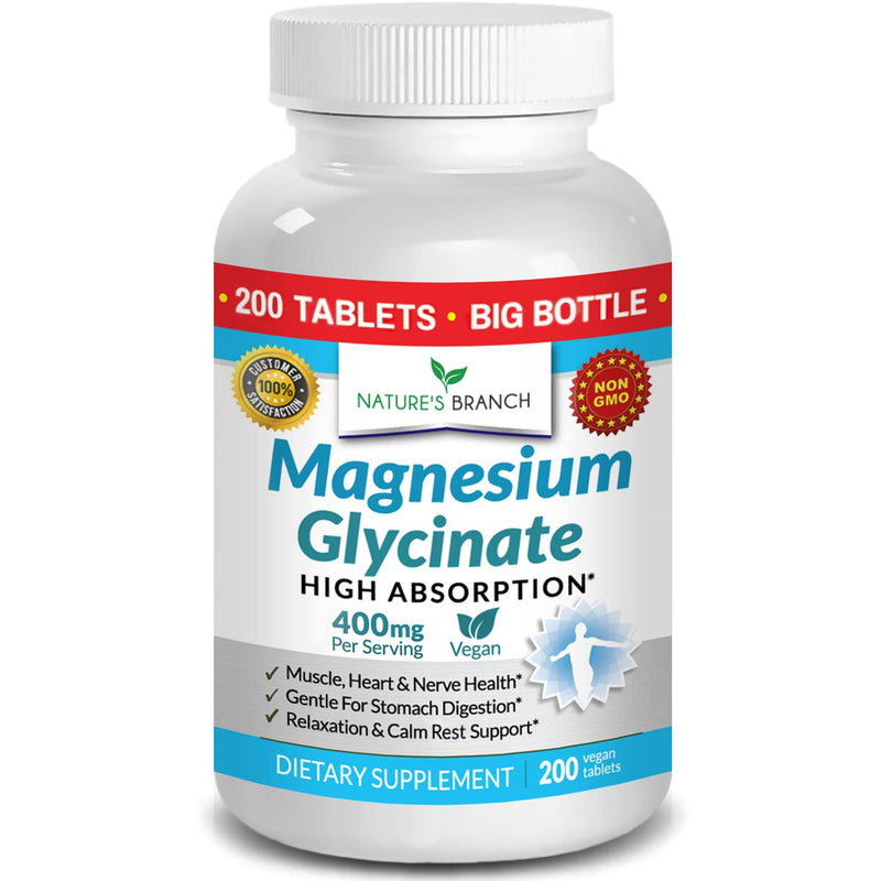 [Australia] - Magnesium Glycinate 400 mg - 200 Tablets - High Absorption, Non Buffered Bisglycinate Mag Supplement for Sleep, Leg Cramps, Heart, Ease Muscles, Calm Headaches for Women and Men, Non Powder Capsules 