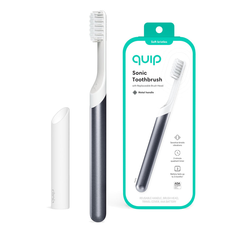[Australia] - Quip Sonic Toothbrush for Adults - Timed Electric Toothbrush with Cover - Replaceable Brush Head, Soft Bristles, Metal Handle, 3 Month Battery Life - Travel Toothbrush - Slate 