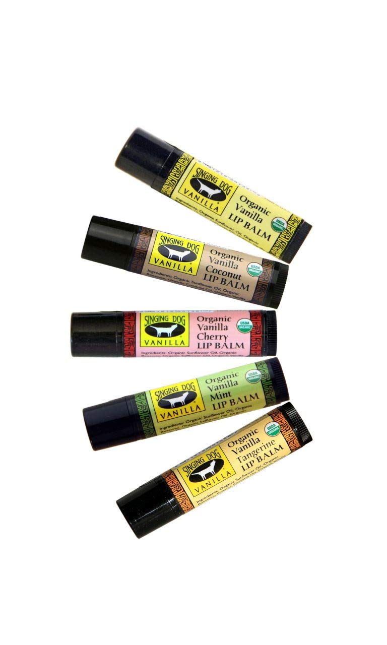 Singing Dog Vanilla USDA Organic Beeswax Lip Balm, 5-Flavor Variety Pack - Vanilla, Cherry, Coconut, Mint, Tangerine - Vitamin E, Grade A Vanilla, 0.15 oz each