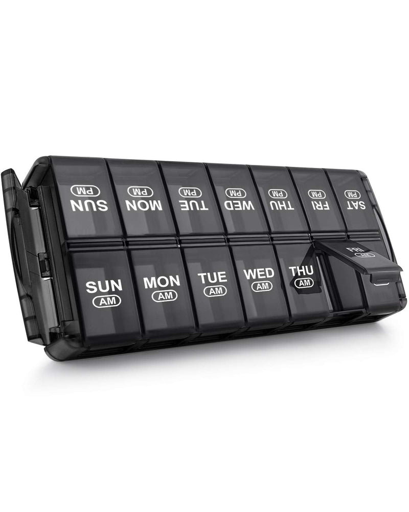 Sukuos Weekly Pill Organizer 7 Day 2 Times a Day, Quick Fill Daily Pill Box (AM PM), Extra Large Pill Cases for Vitamin/Fish Oil/Supplements, Arthritis Friendly, Easy to Clean Black