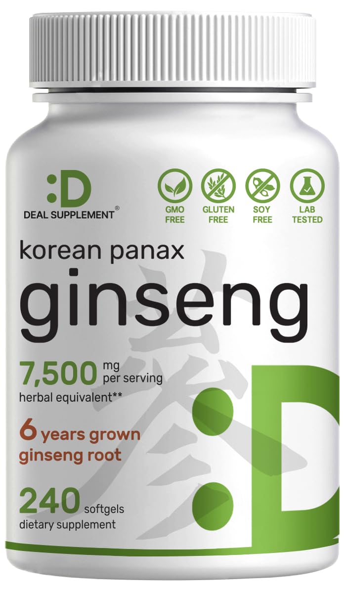 [Australia] - Korean Red Panax Ginseng Root Extract, 7,500mg Per Serving, 240 Softgels – 150mg Active Ginsenosides, 5:1 Max Strength Extract – Energy & Immune Health Supplement – Non-GMO 