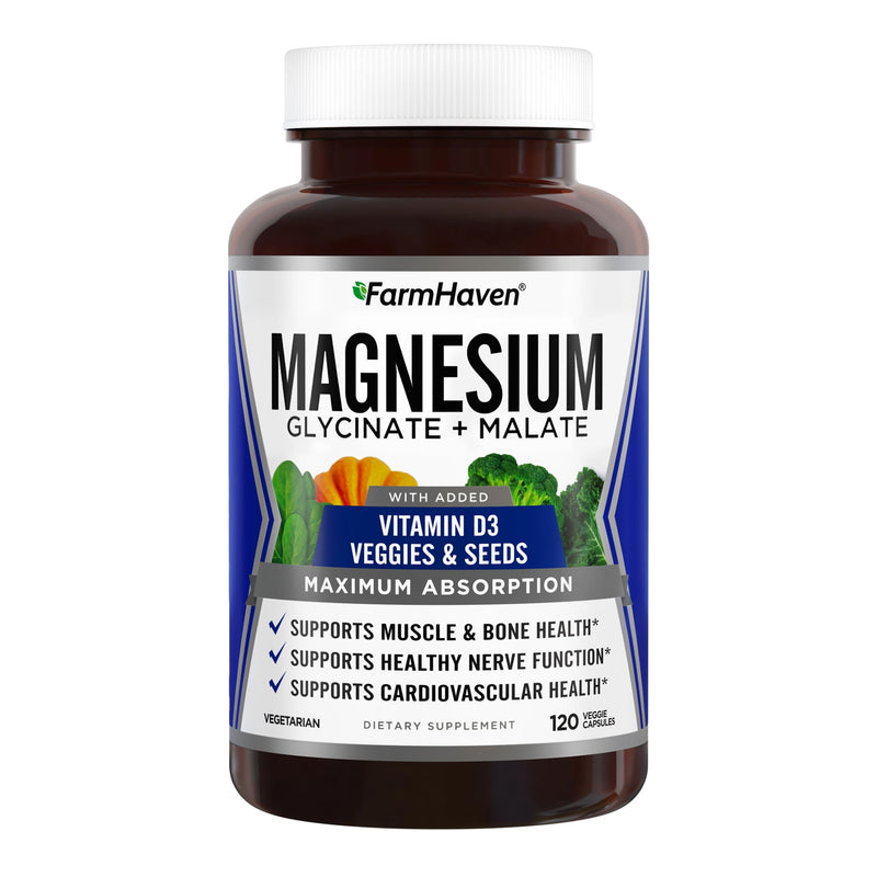 [Australia] - FarmHaven Magnesium Glycinate & Malate Complex w/Vitamin D3, 100% Chelated for Max Absorption, Vegetarian – Bone Health, Nerves, Muscles, 120 Capsules, 60 Days 120 Count (Pack of 1) 