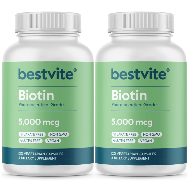 BESTVITE Biotin 5000mcg (240 Vegetarian Capsules) (120 x 2) - No Stearates - No Flow Agents - Vegan - Non GMO - Gluten Free - Hair, Skin, Nails 1 Count (Pack of 240)