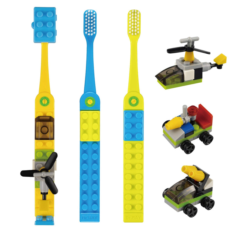 [Australia] - Dr.RAY Kids Toothbrush with Building Blocks and Toothbrush Covers, Extra Soft, Ages 6+ (Pack of 3, Multi-Colored) 