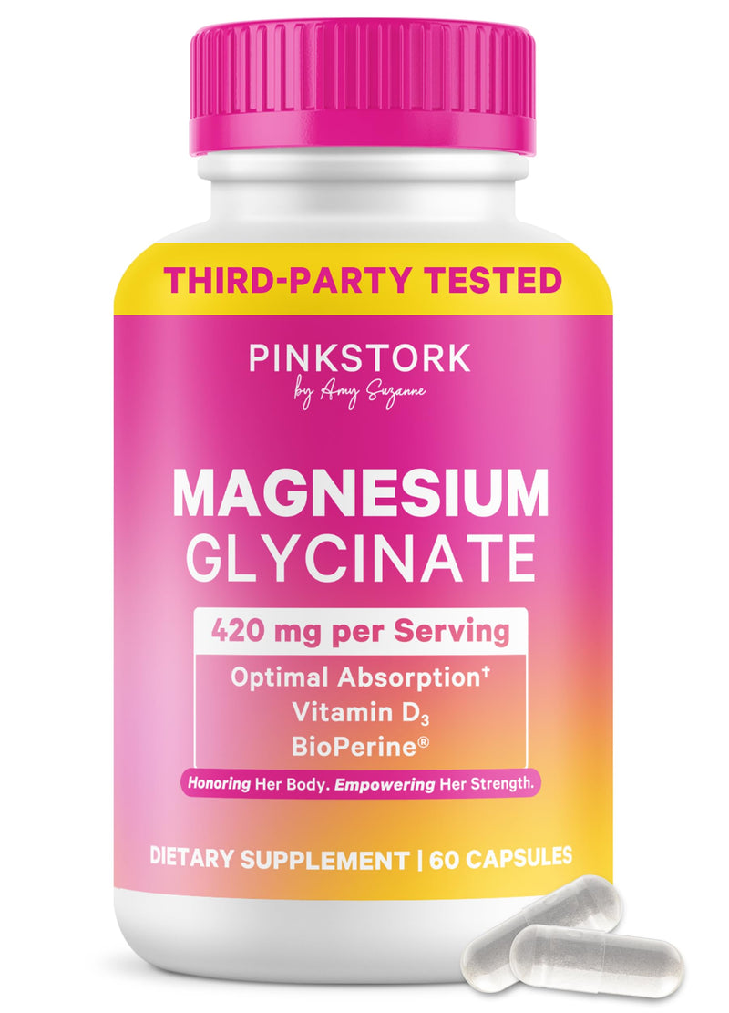 Pink Stork Magnesium Glycinate with Vitamin D, 60 Capsules | Magnesium Supplement for Women, Supports Natural Calm, Mood, and Sleep, Hormone Balance for Women, 1 month supply Unflavored 60 Count (Pack of 1)