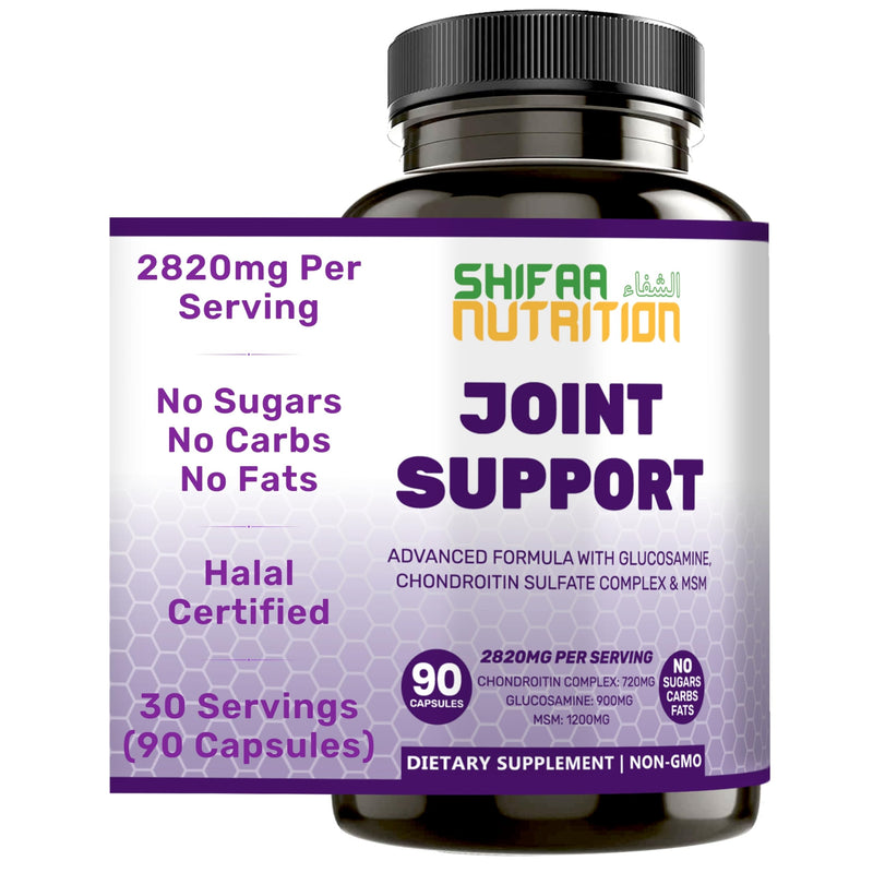 SHIFAA NUTRITION Halal Joint Support Supplement w/Glucosamine Chondroitin MSM | 2820mg 30 Servings | Non-GMO 90 Count (Pack of 1)