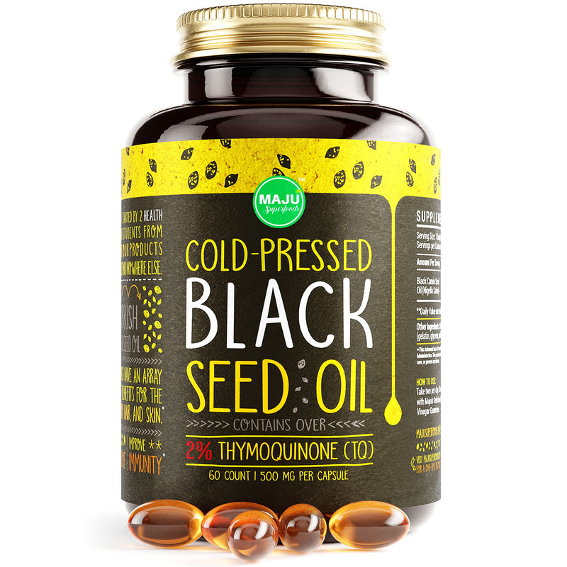 [Australia] - MAJU's Black Seed Oil Capsules - Cold Pressed, 2% Thymoquinone, 100% Turkish Black Cumin Nigella Sativa Seed Oil, 100% Liquid Pure Blackseed Oil 60 Count, 500mg per Capsule 60 Count (Pack of 1) 