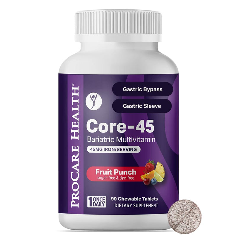 Core-45 Bariatric Multivitamin | Fruit Punch | Chewable | 30ct | Once Daily Bariatric Multivitamin with Iron 45mg Chewable Tablets for Gastric Bypass, Sleeve & Post-Op Support - Made in USA 30 Count (Pack of 1)