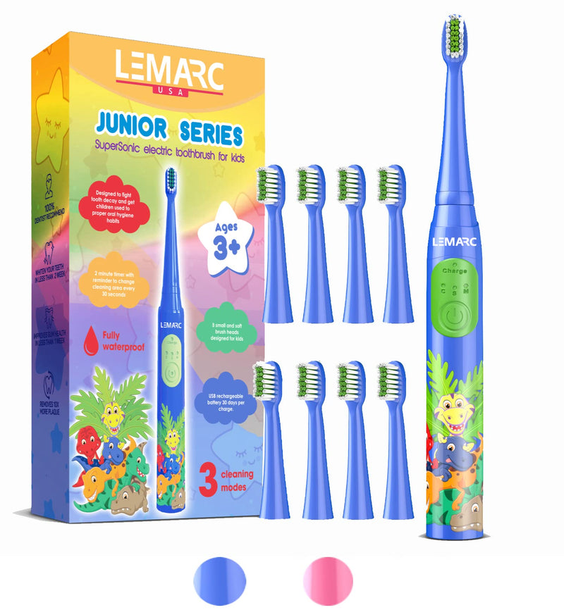 [Australia] - SuperSonic Kids electric toothbrush 8 DuPont brush heads, USB rechargeable, Vibration Speed Control plus Massage mode, 2 Min Timer, Waterproof, for age 3+ Blue 