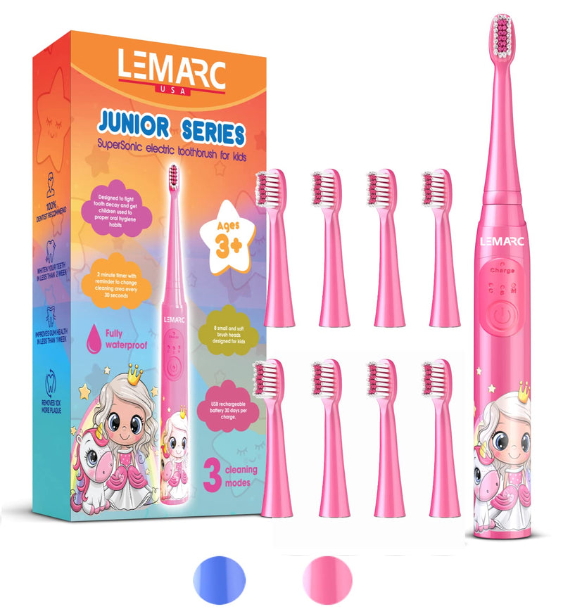 [Australia] - Supersonic Kids Electric Toothbrush 8 Dupont Brush Heads, USB Rechargeable, Vibration Speed Control Plus Massage Mode, 2 Min Timer, Waterproof, for Age 3+ Pink 