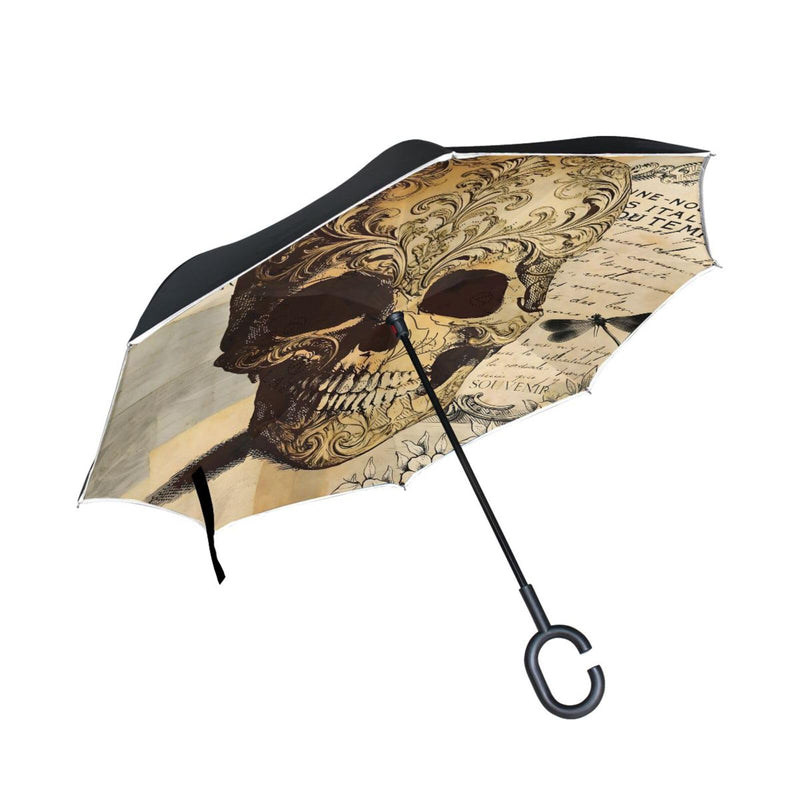 ALAZA Vintage Tattoo Skull Windproof Inverted Open Close Reverse Rain Umbrella Inside Out Quality Waterproof Parasol Upside Down Stick Shelter with Hook c Handle multi 5 one size