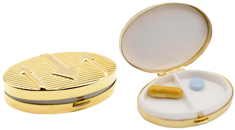 Set of 2 Oval-Shaped Pocket Purse Pill Box & Organizer with Dual Compartments (Gold Arrows) Gold Arrows