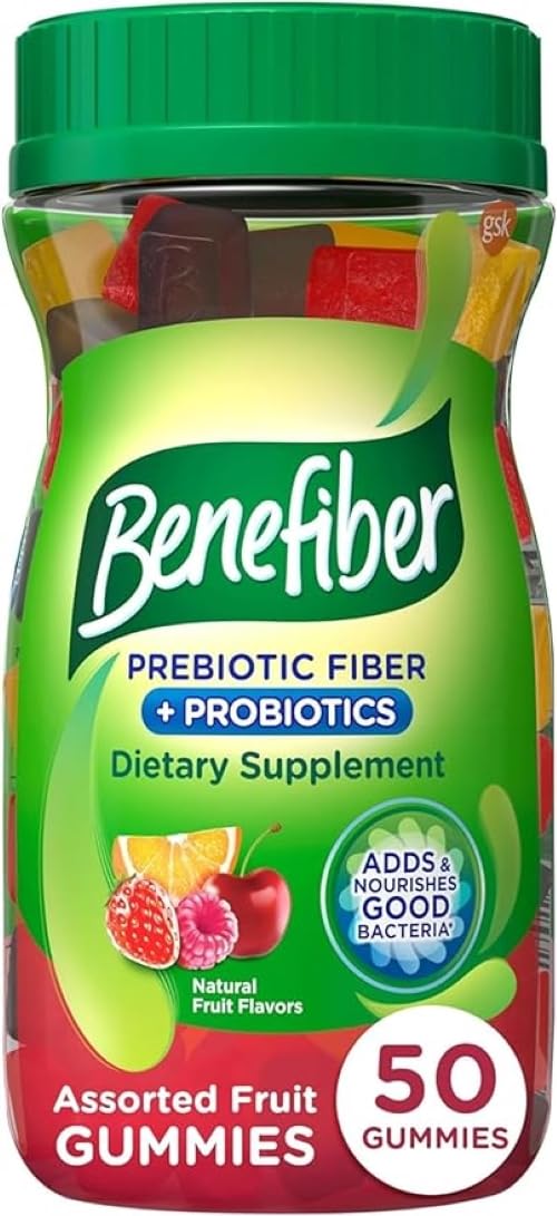 [Australia] - Benefiber Prebiotic Fiber Supplement Gummies with Probiotics for Digestive Health, Assorted Fruit Flavors - 50 Count 