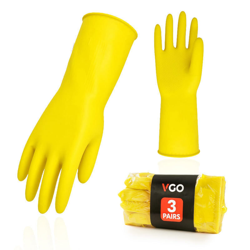 [Australia] - Vgo... 3-Pairs Reusable Household Gloves, Rubber Dishwashing gloves, Extra Thickness, Long Sleeves, Kitchen Cleaning, Working, Painting, Gardening, Pet Care (Size L, Yellow, HH4601) Large 3 Pairs - Yellow 