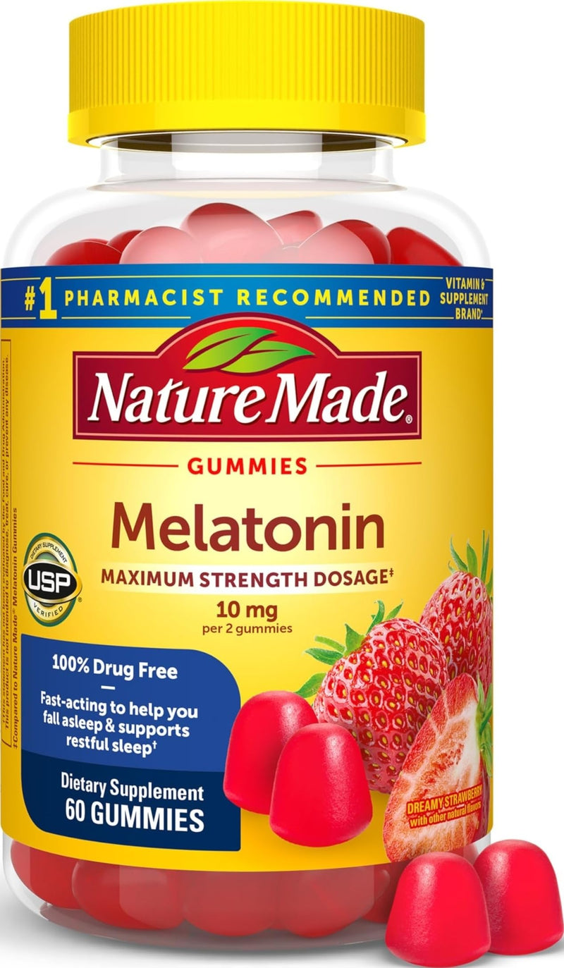Nature Made Melatonin 10 mg per Serving Gummies, 60 Melatonin Gummies | Sleep Gummies for Adults, Maximum Strength Dosage, 100% Drug Free Sleep Aid for Adults, Strawberry Flavor, 30 Day Supply 60 Count (Pack of 1)