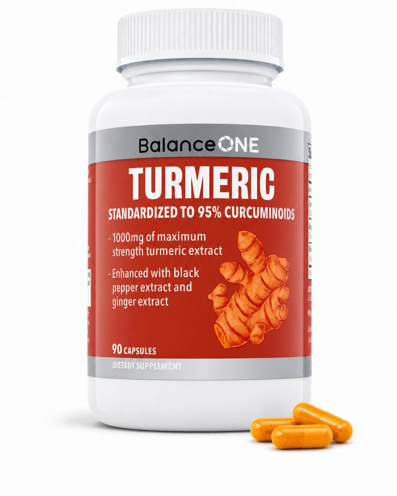 Balance ONE Turmeric Curcumin Supplement, 1000mg, Black Pepper, 90 Capsules | Turmeric Extract, 95% Curcuminoids, Turmeric With Piperine, Curcumin With Black Pepper, BioPerine, Piperine Extract, Ginger