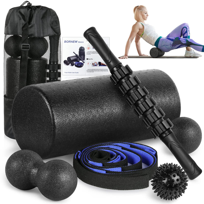 Foam Roller Set - High Density Back Roller, Muscle Roller Stick | Foot Fasciitis Ball, Stretching Strap, Massager Ball for Whole Body Physical Therapy & Exercise, Back Pain, Leg, Deep Tissue 12-inch Foam Roller