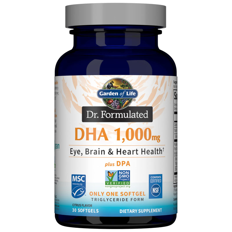 [Australia] - Garden of Life Dr. Formulated Once Daily 1000mg DHA Fish Oil + DPA in Triglyceride Form Softgels, Single Source Omega 3 Supplement for Ultimate Eye, Brain & Heart Health, Lemon, 30 Count 30 Count (Pack of 1) 